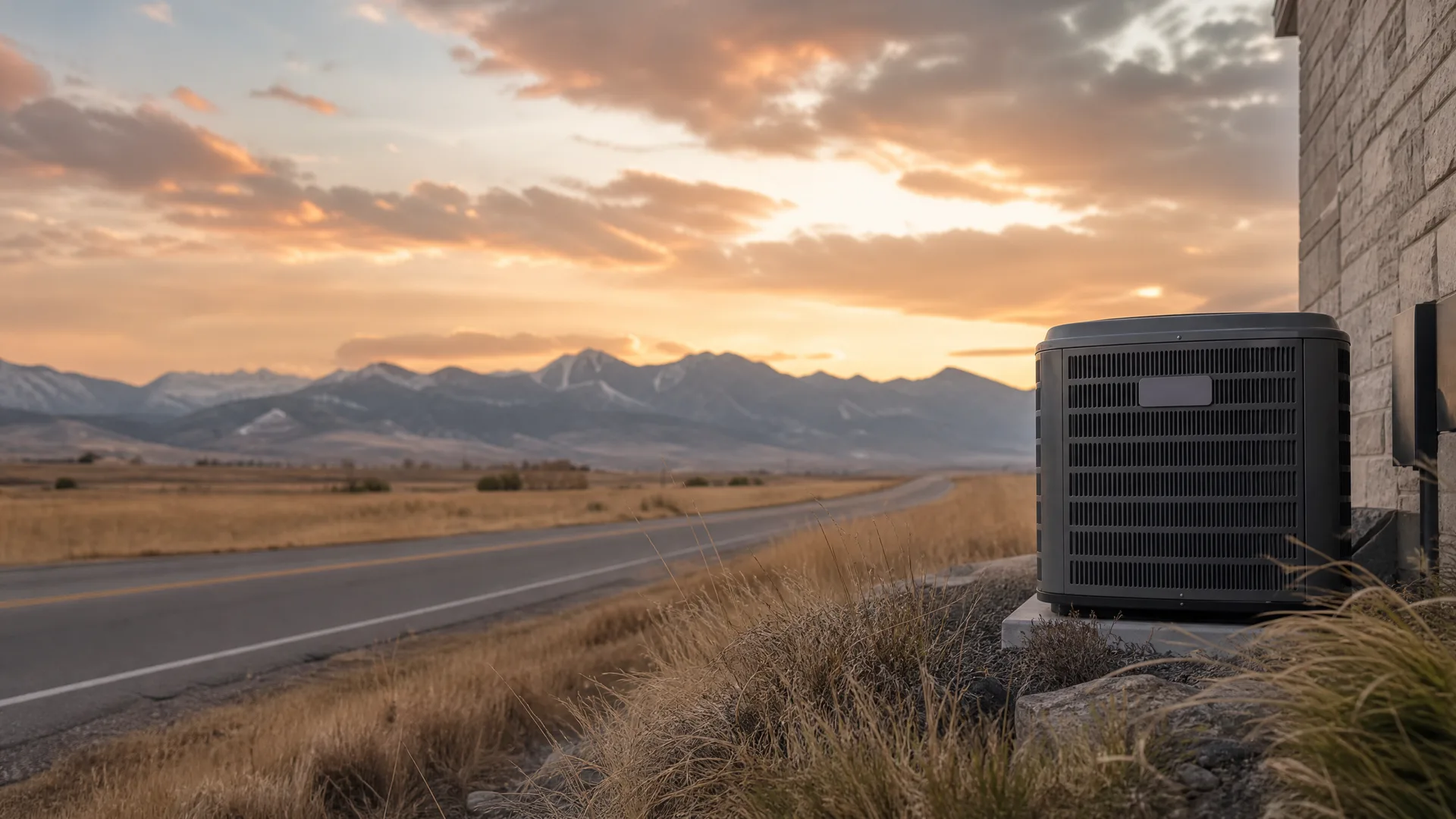 An outdoor air conditioning condenser unit sits on a concrete pad beside a stone-clad wall, with dry grasses, a two-lane road, and snow-dusted mountains under a sunset sky in the background.