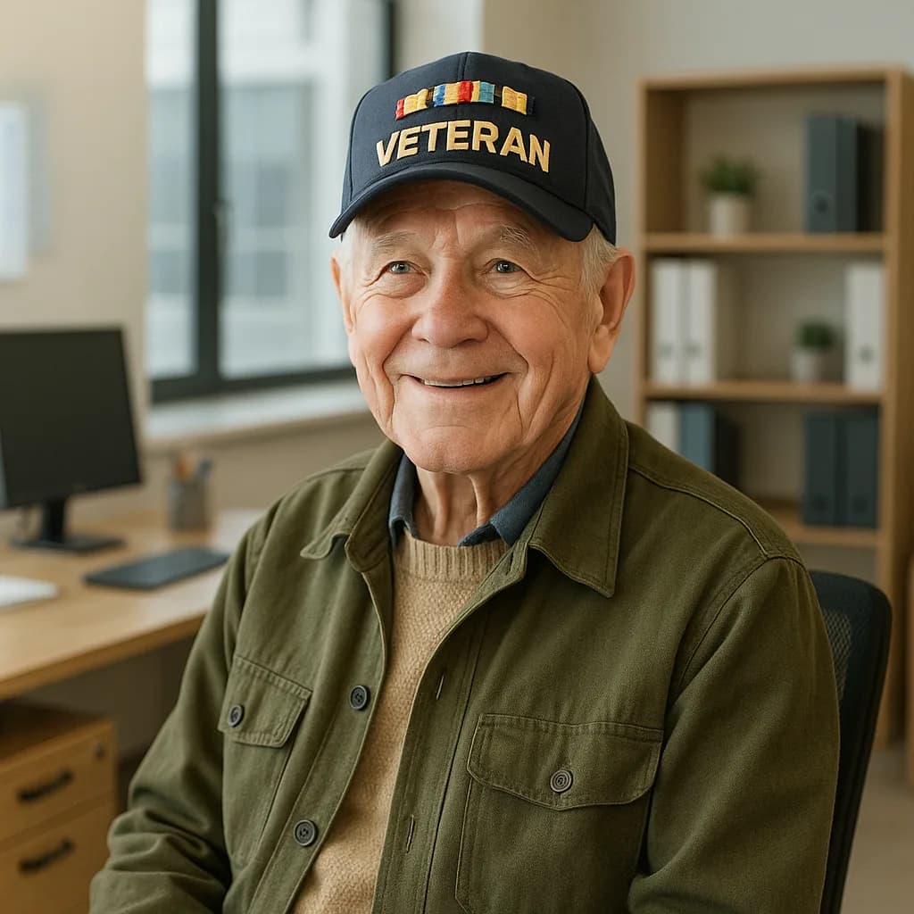 Smiling elderly veteran wearing VETERAN cap and olive jacket in home office setting